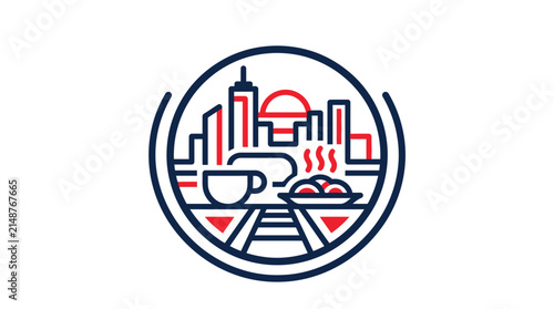 Urban skyline and dining elements in circular emblem design