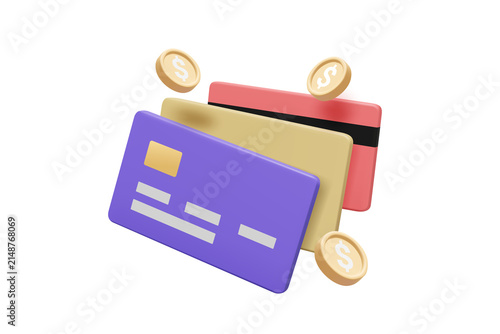 3d render credit cards with dollar coins floating for online payment business transaction concept icon finance shopping purchase cashless transfer isolated on transparent background png file