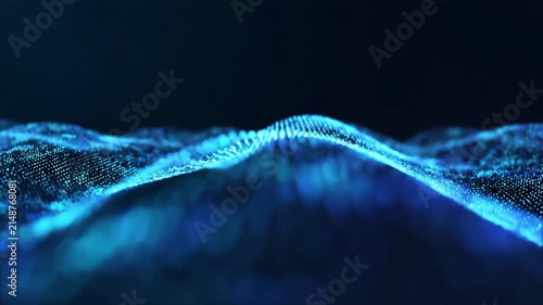 Abstract big data particle wave background, glowing cyan network mesh flowing in dark space