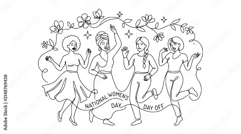 Fototapeta premium Diverse Women Celebrating National Women's Day with Flowers and Stars