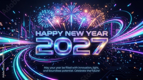Futuristic Happy New Year 2027 greeting card with holographic chrome lettering, glowing digital fireworks, iridescent gradients, abstract light effects, and a premium cyber celebration style.