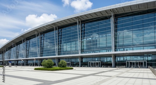 Modern Convention Center with Glass Facade and Outdoor Plaza.