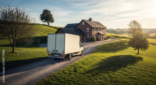 White Delivery Truck Driving on Rural Road Towards Farmhouse at Sunrise.
