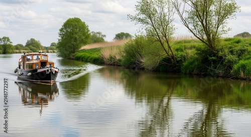 A narrowboat cruises down a tranquil river surrounded by lush green countryside.