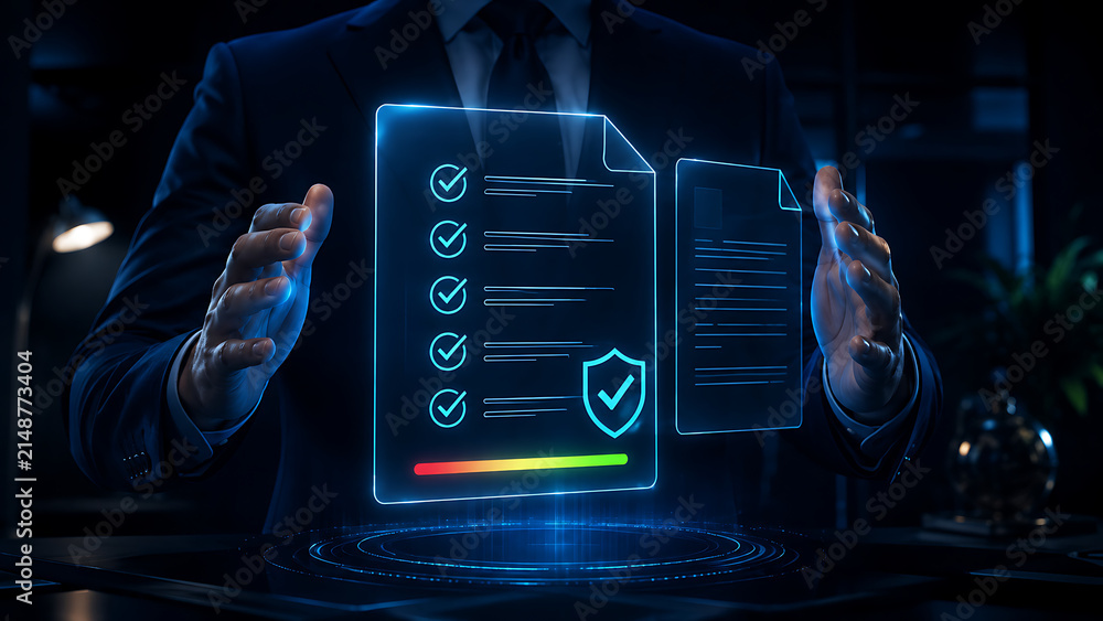 Fototapeta premium Businessman Interacting with Futuristic Digital Document Checklist and Security Shield Hologram