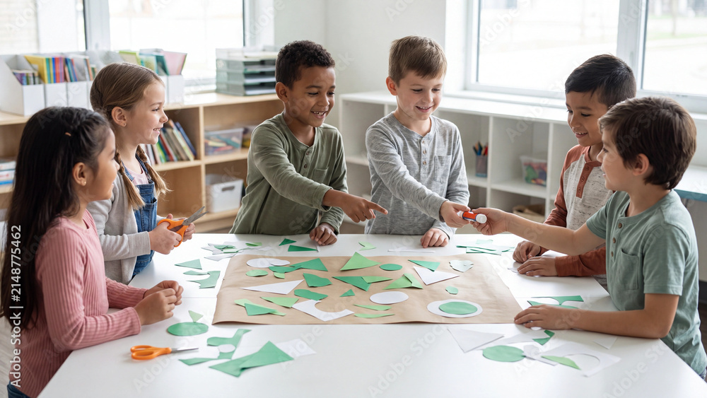Fototapeta premium Classmates engage in a group activity by cutting and pasting green paper shapes onto a large board during an indoor school art lesson.