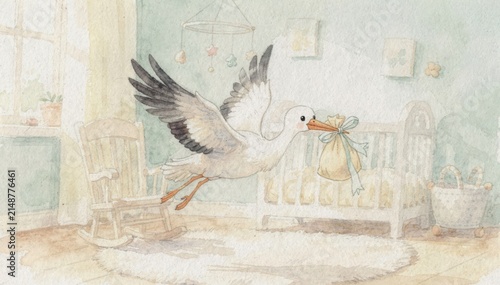 Gentle watercolorstyle baby card in clear view showcasing a sweet stork carrying a bundle set against an artfully blurred nursery scene.