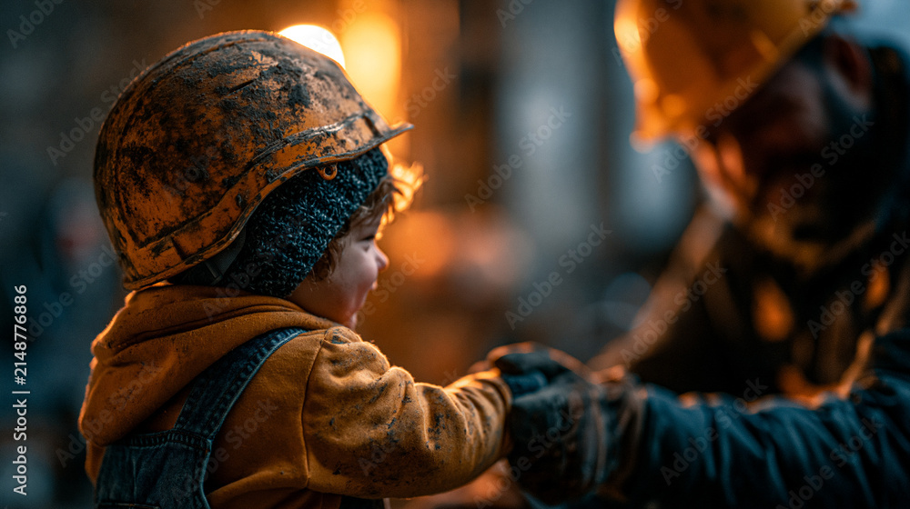 Obraz premium Young child wearing a protective construction helmet interacting with a worker, hard hat