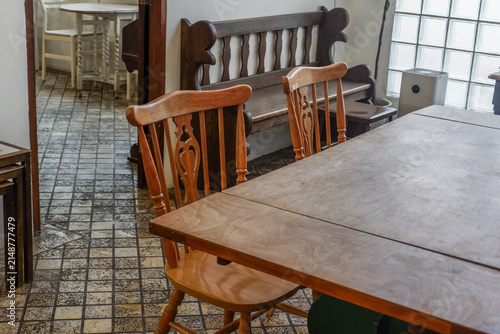 Canvas Print Empty Table and chair in Korean restaurant or minimal cafe style with view of city in seoul korea,cafe japan or korea concept