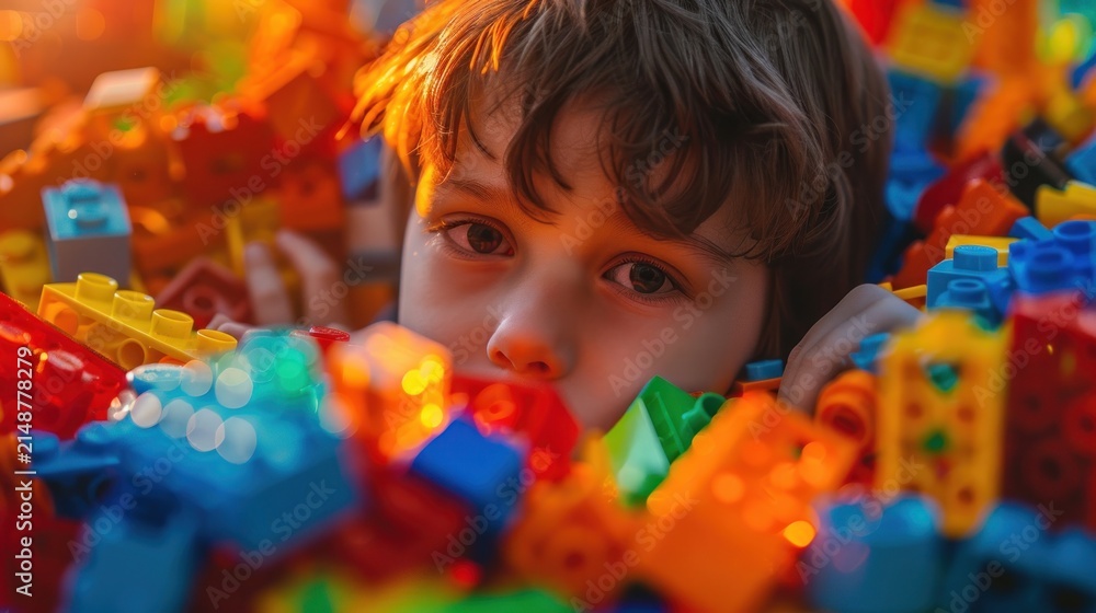 Fototapeta premium Child playing with colorful building blocks
