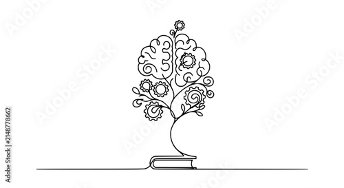Conceptual tree with brain and gears growing from open book, line art