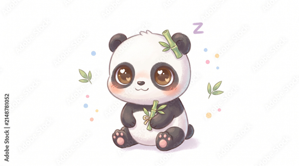 Fototapeta premium Cute baby panda holding bamboo stalk illustration isolated on clean white background