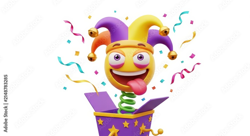Fototapeta premium 3D Rendered Jack-in-the-Box Emoji with Jester Hat and Confetti for April Fools Day and Celebration