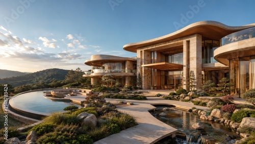 Modern Luxury Estate: A sprawling contemporary mansion with organic architectural curves and a serene infinity pool overlooks a picturesque landscape under a clear blue sky.