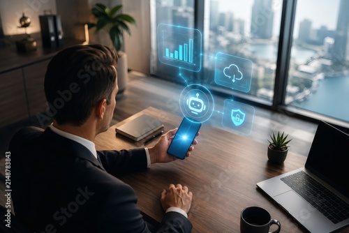 AI Assistant in Office: A businessman in a suit uses a smartphone with an AI interface displaying charts, cloud, and security icons, symbolizing modern technology in the corporate world.