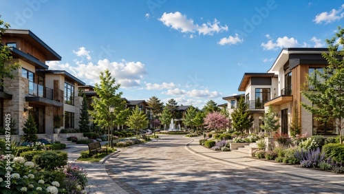Modern Suburban Street: A picturesque street lined with contemporary townhouses, manicured gardens, and lush trees under a clear blue sky with fluffy clouds.
