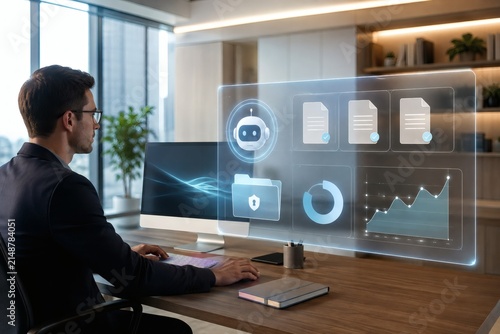 Futuristic Office Data Analysis: A professional analyzes data on a holographic interface in a modern office, showcasing advanced technology and digital information visualization.