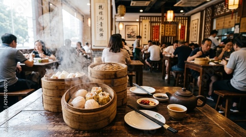 Eye-level full shot of steaming bamboo dim sum steamers with siomay and har gow on wooden table in busy Chinese restaurant with teapot and tea cup, authentic dim sum, Asian dining, and cultural