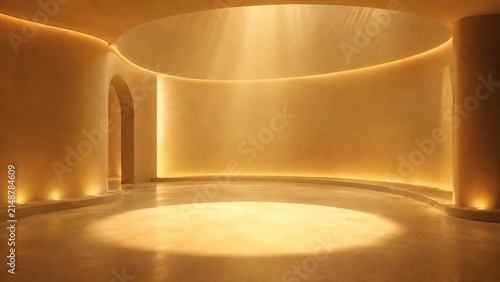 Luxurious Warm Ambience: A strikingly minimalist and contemporary architectural space, bathed in soft, golden light that casts gentle spotlights on the polished concrete floor.