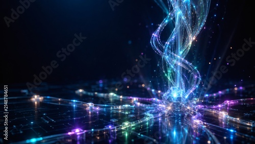 Abstract Digital Network Flow: A mesmerizing, abstract visualization of a futuristic digital network, featuring glowing fiber optic cables swirling with vibrant neon lights against a dark.
