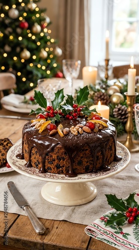 Festive Christmas Cake with Holiday Decorations and Decorated Table Setting.
