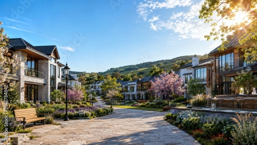 Luxurious Suburban Neighborhood: A picturesque street lined with elegant homes, vibrant landscaping.