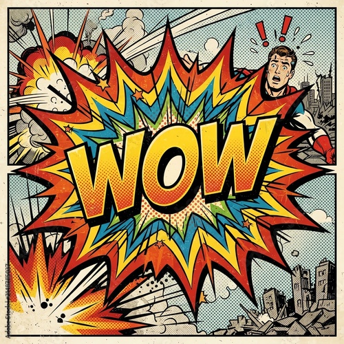 Comic Book Style Explosion with Wow Text and Surprised Man.