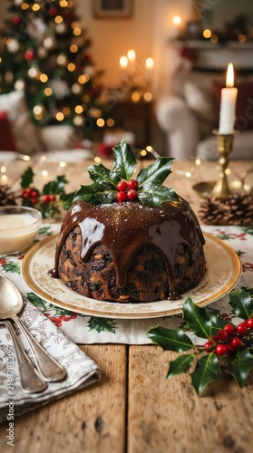 Festive Christmas Chocolate Cake with Holiday Decorations and Candlelight Ambiance.