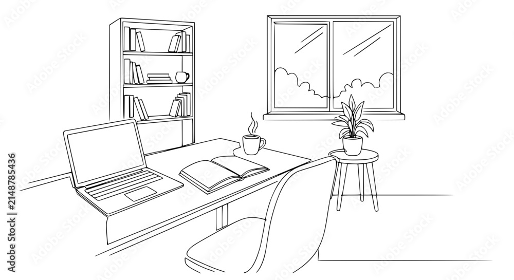 Fototapeta premium Cozy Home Office Sketch: Desk with Laptop, Books, Coffee, Window View