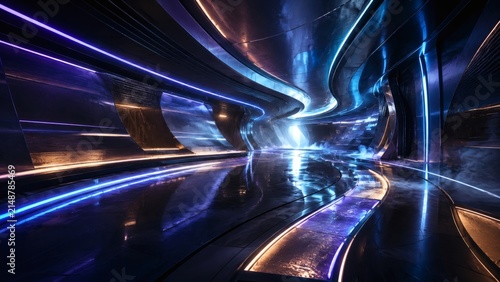 Futuristic Tunnel Lights: An abstract, dynamic tunnel with glowing neon lights in blue and orange, creating a sense of speed and technological advancement.