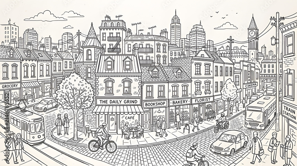 Obraz premium Detailed monochrome illustration of a historic European-style city featuring classical buildings, bridges, rivers, and urban architecture in a vintage engraving style.