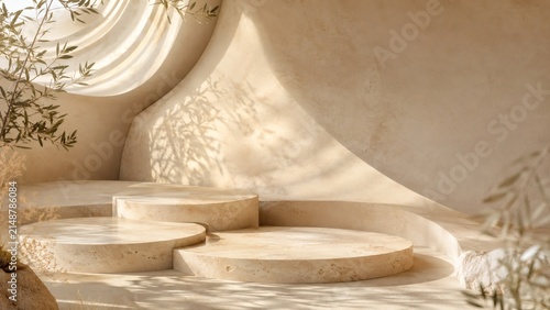 Minimalist Architectural Stage: A serene and elegant architectural design featuring tiered circular platforms, bathed in soft natural light and dappled shadow.
