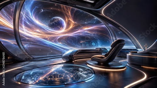 Futuristic Spacecraft Cockpit: A sleek and modern spacecraft cockpit, featuring a comfortable chair and large windows displaying a breathtaking view of a swirling nebula and distant planet.