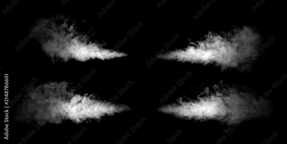 Fototapeta premium Four white smoke jets isolated on black background with swirling fog and vapor texture, ideal for VFX overlays, cinematic effects, motion graphics, advertising and creative compositions.