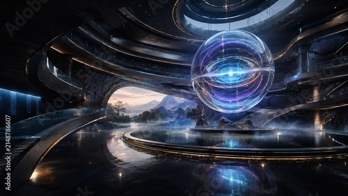 Futuristic Orb Chamber: A mesmerizing orb pulses with light in the center of a grand, futuristic chamber, reflecting the serene landscape outside. A blend of advanced technology and natural beauty.