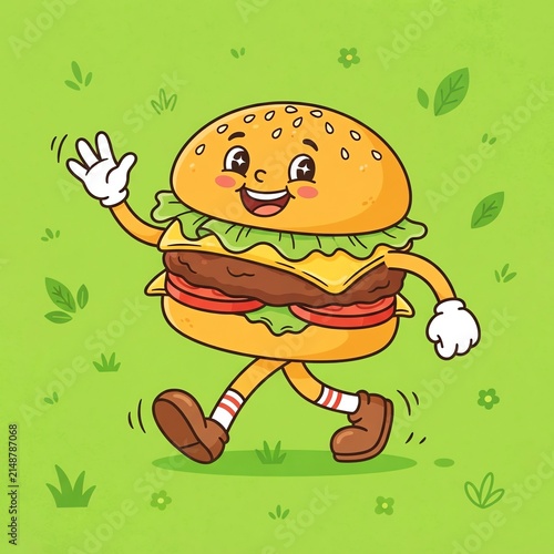 Cute Cartoon Hamburger Character Walking in Green Field.