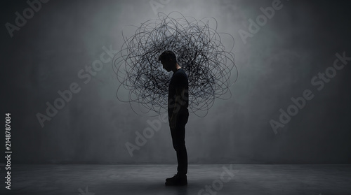 Overthinking Concept with Human Silhouette and Chaotic Thoughts