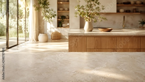 Modern Kitchen Oasis: Sunlight streams into a beautifully designed kitchen, highlighting natural materials like wood and stone, with a large island and an abundance of light.