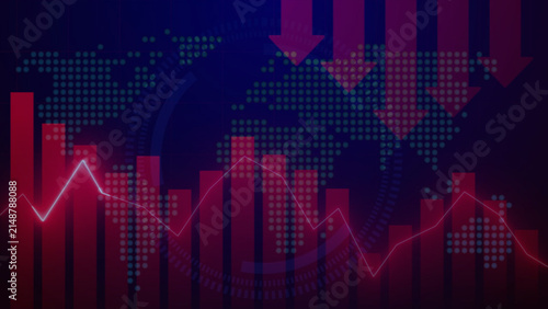 Canvas Print A bearish financial stock market chart with downward red bar graphs, falling arrows, and a digital world map overlay illustrates global economic recession, market decline, and financial asset losses