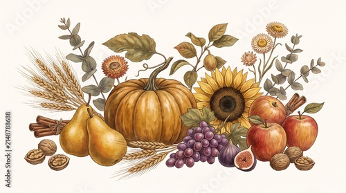 Arrangement of pumpkins, pears, apples, grapes, and flowers