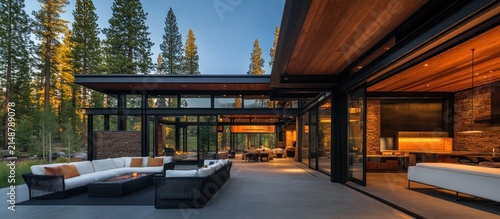 Modern mountain home patio sunset, forest backdrop, outdoor kitchen