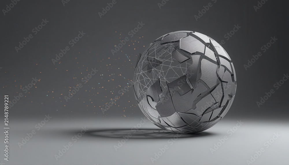 Fototapeta premium Abstract metallic sphere with complex cracked texture and disintegration effect disintegration shattered abstract geometric breaking particles destruction industrial minimalist background