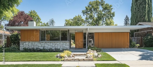 Ranch-style home, suburban street, landscaping, sunny day