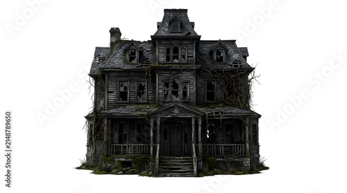 Dilapidated haunted Victorian house scary abandoned building isolated on transparent background.