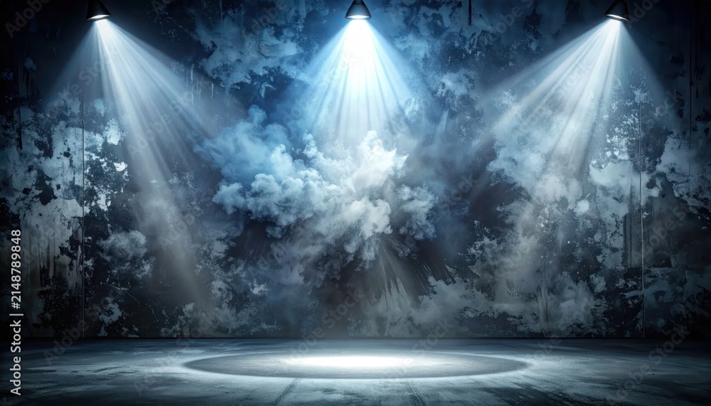 Naklejka premium Cinematic stage lighting with heavy fog on textured wall.