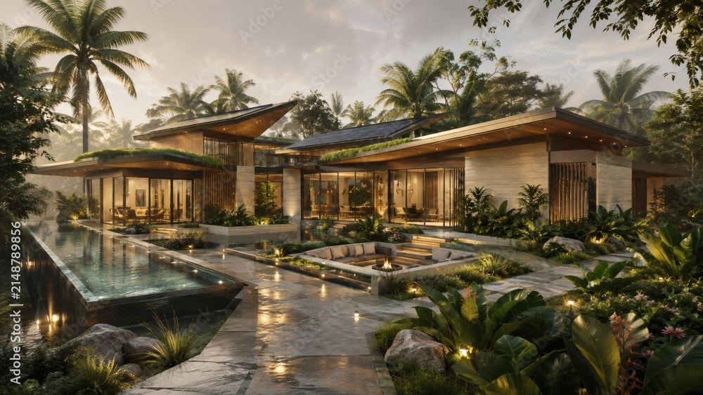 Fototapeta premium Tropical Modern Villa: A stunning contemporary villa nestled within lush tropical foliage, featuring clean lines, a water feature, and an infinity pool.