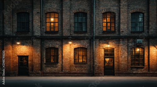 Brick building facade with windows and doors at night lit by artificial light