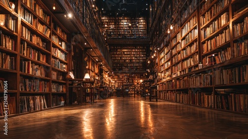 Grand library interior with books on shelves and warm atmospheric lighting