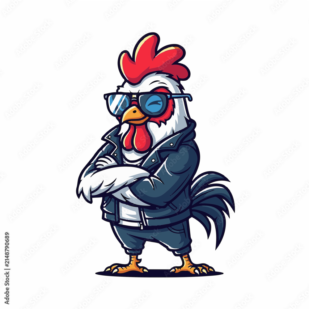Naklejka premium Cool Rooster Character Wearing Sunglasses and Leather Jacket Rocker Mascot Illustration