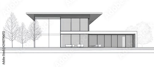 Modern house architectural sketch, trees backdrop, design plan